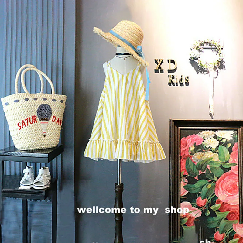 

Children Dress Kids Summer 2019 New Bohemian Striped Yellow Criss-Cross Dress Girls Sleeveless Party Princess Dress Girl Kids