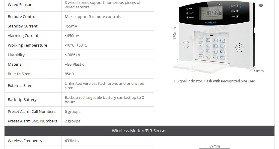HOMSECUR LA01 беспроводной и проводной ЖК GSM охранная сигнализация+ красная вспышка Сирена датчик дыма PIR датчик двери дистанционное управление