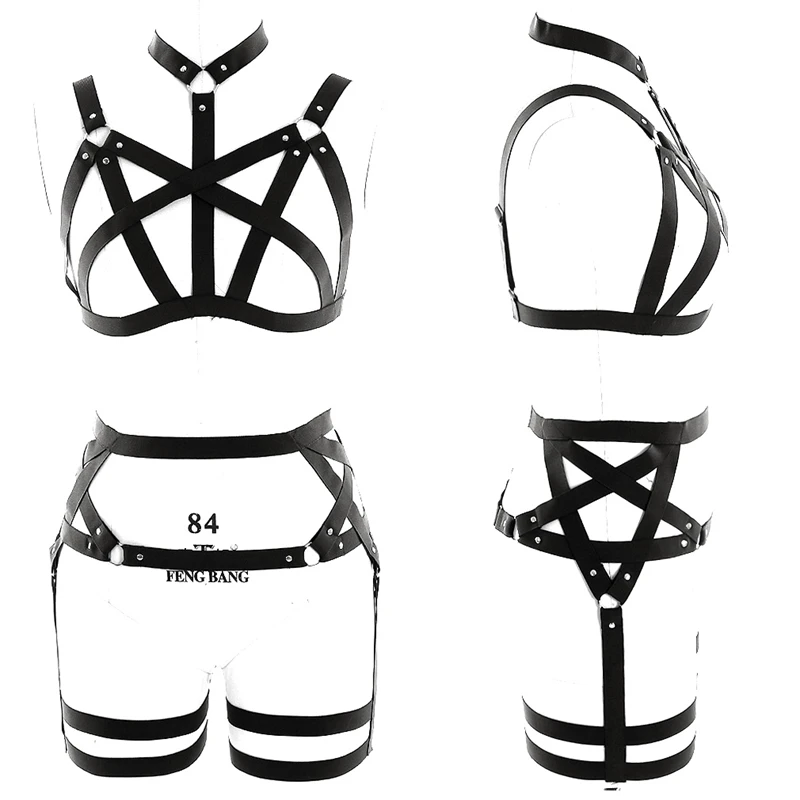 Women Cut Out Black Full Body Harness Bondage Body Caged Bra Sexy Lingerie Gothic Dance Halloween Tops Pentagram Garter Belt Set Women Cut Out Black Full Body Harness Bondage Body Caged Bra Sexy Lingerie Gothic Dance Halloween Tops Pentagram Garter Belt Set