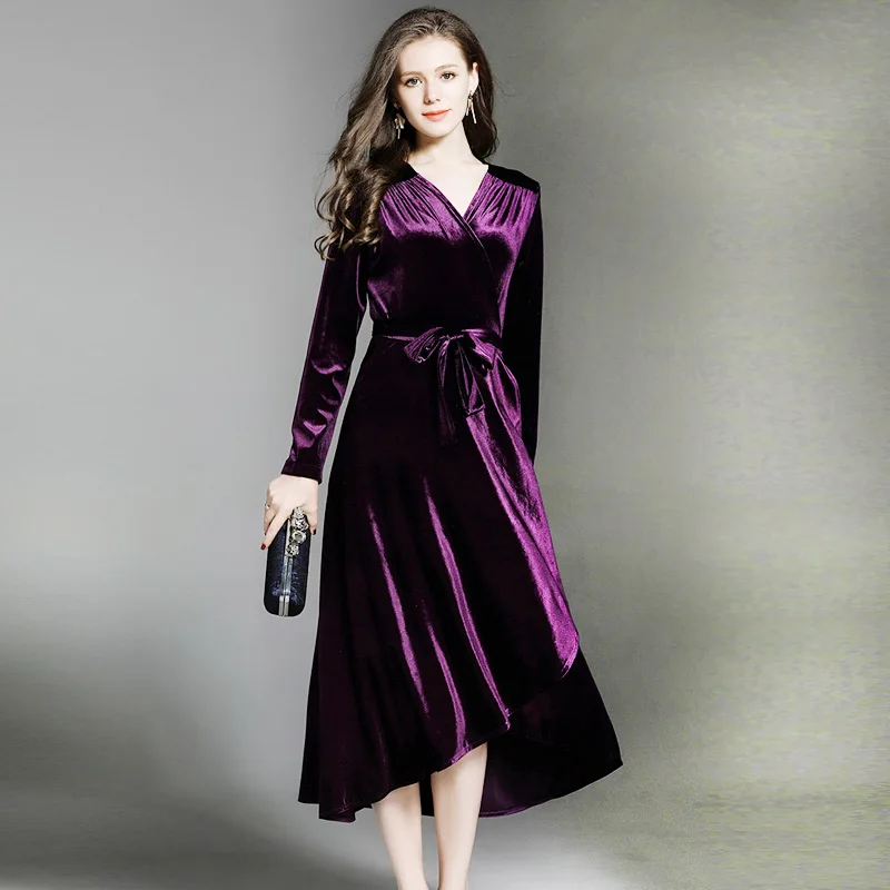 

2017 autumn new woman Vintage Asymmetrical Ruffles Velvet dress V-Neck Mid-Calf long dresses lady fashion party purple dress