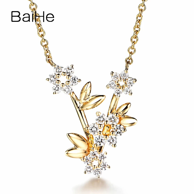 

BAIHE Solid 18K Yellow Gold 0.34ct H/SI Natural Diamond Flower Necklace Women Clavicle Chain Fine Jewelry Blumen-Halskette