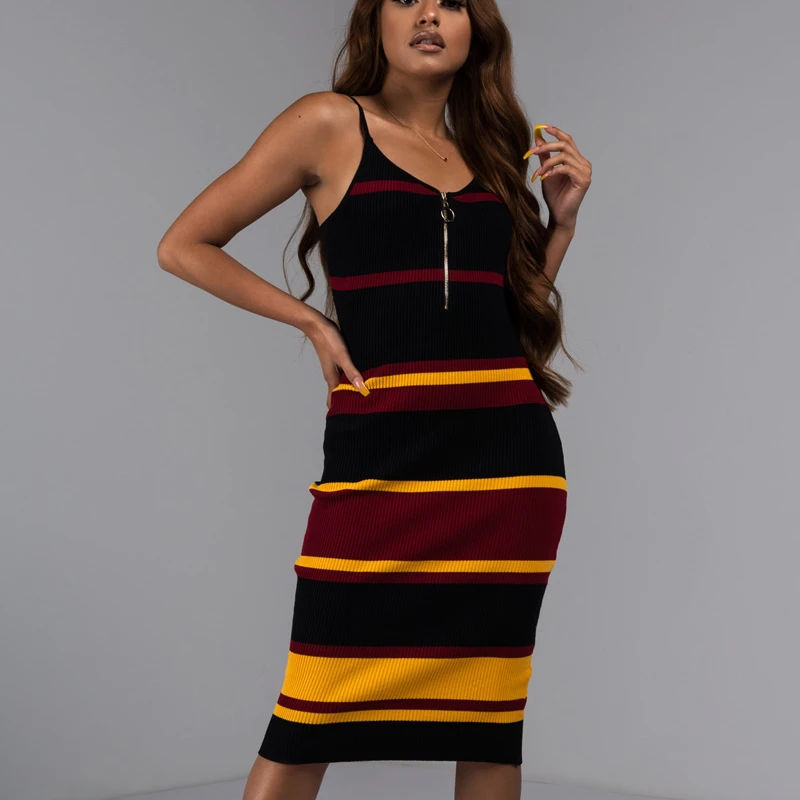 AKIRA Women's Zip Neck Stripe Thick Knit Ribbed 90s Retro Spaghetti Strap Sweater Midi Dress (5)