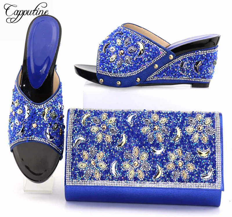 Capputine New Arrival Rhinestone Ladies font b Shoes b font And Bag Set Italian Style High