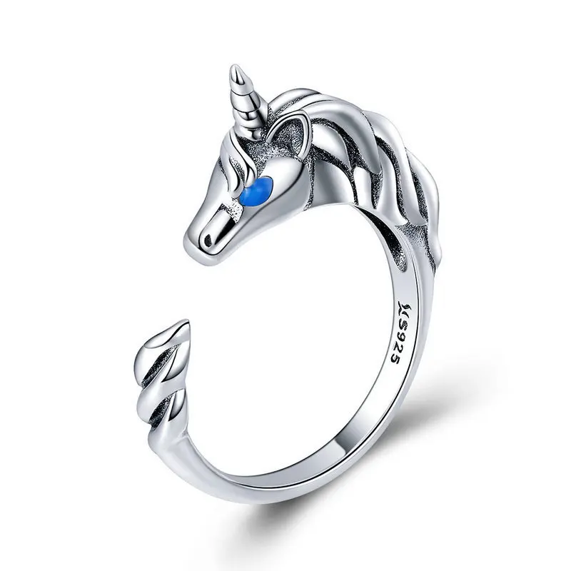 

925 Sterling Silver Licorne Memory Long Tail Female Finger Rings for Women Adjustable Size Jewelry SCR410