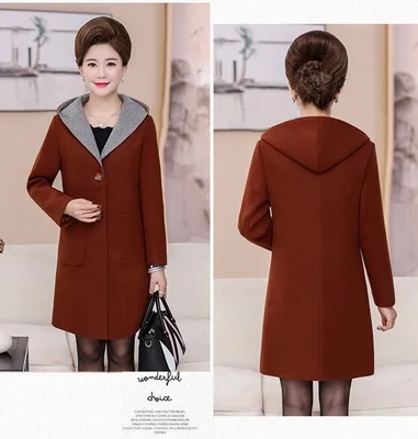 Autumn Winter Woolen Coat Women Hooded New Middle-aged Mother Clothes Long Slim Wool Coat Womens windbreaker Plus Size coat 5XL - Цвет: Caramel color