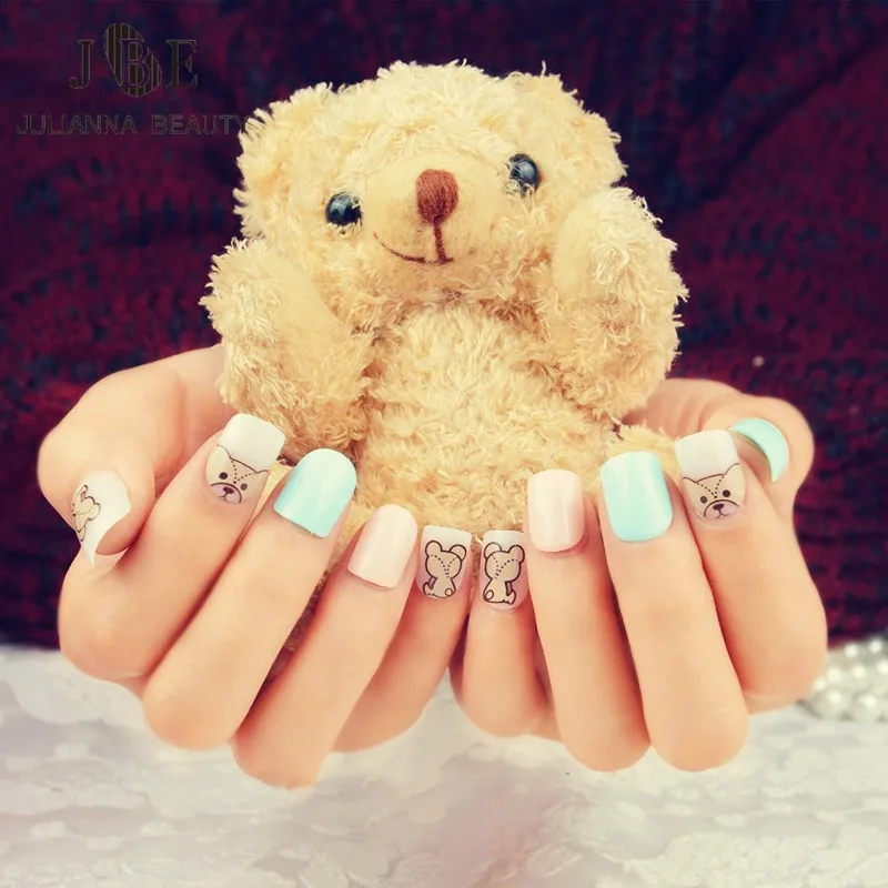 

24pcs/set Fake Nails Cute Bear Designs French Manicure Unhas Tips Artificiais Acrylic Children Print False Nails Free Glue