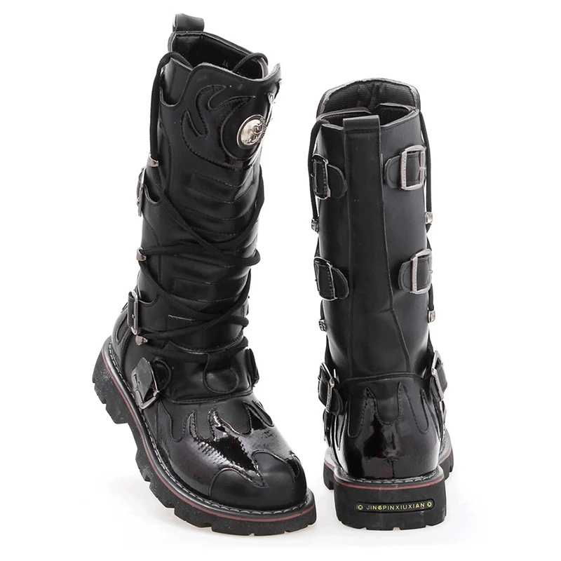 Los Botas La Gótico Cosplay Hombres Black X 006 Tubo Motocicleta Grueso Moda Punk Válvula Personalidad Cuero De Rock Fondo Pu Negro XqrrxC0w