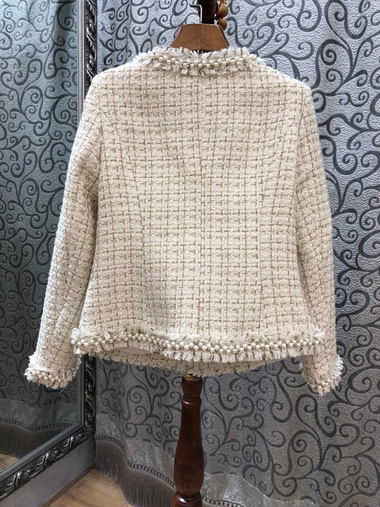 Tissu Poche Perle À Automne Hiver Coat1031 Décolleté bleu 2018 Perlé Court Beige Longues Manches Lourd Symétrique xRwqYxPS