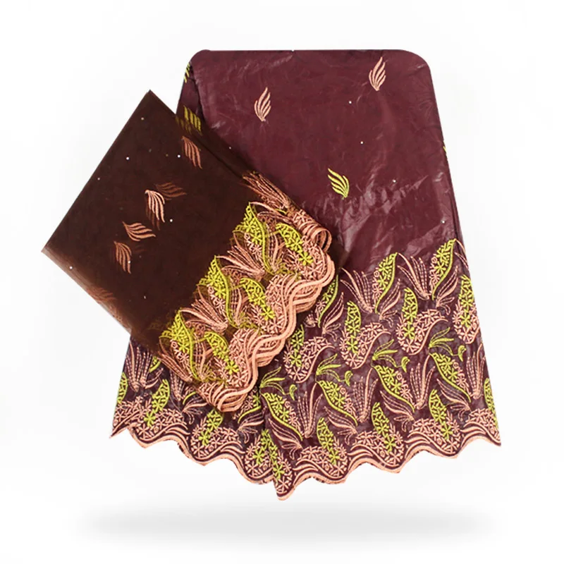 

Brown Color African Newest Jacquard Fashion 5 Yards Damask Bazin Riche Guinea Brocade Fabric with 2 Yards Net Lace 40