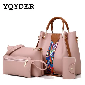 

Fashion 4 Pcs/Set Ribbons Women Bag High Quality PU Leather Shoulder Crossbody Bags Large Capacity Casual Tote Composite Bag
