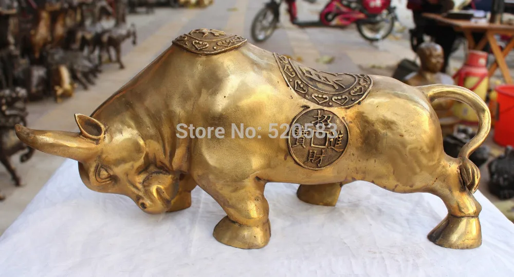 

21" Chinese Bronze Wealth Money Stronger Bull Unicorn OX Oxen Animal Cai Statue