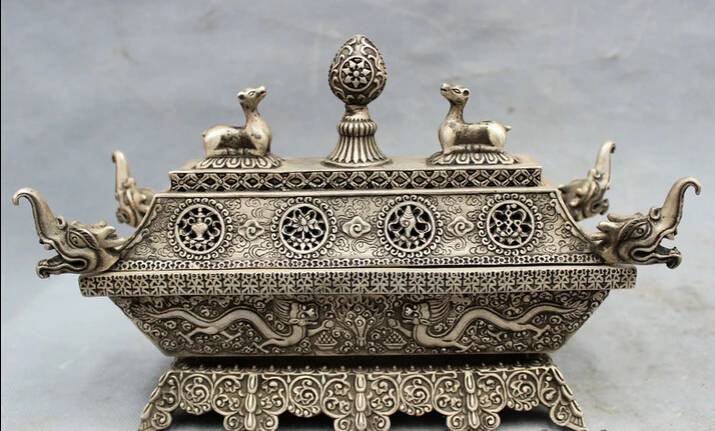 

USPS to USA S1177 11" Tibet Silve 8 Auspicious Symbol Statue Dragon Head Incense Burner Censer (B0413)