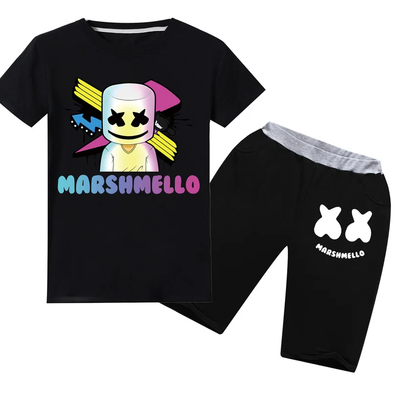 

100%Cottont T Shirt +shorts Set Cotton Kids Girls Boy T Shirt Marshmello Dj Mask Popular Music Tees Children Clothes 6-14y 2019