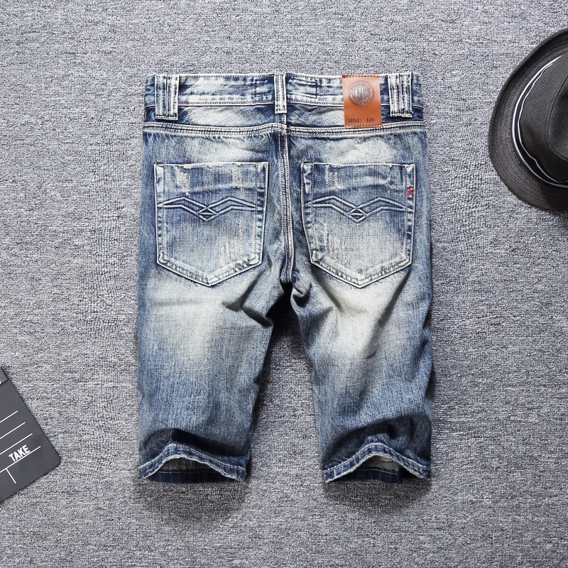 Summer Fashion Men Short Jeans Retro Wash Gray Blue Ripped Jeans Men Denim Shorts Patchwork Printed Hip Hop Jeans Shorts Hombre