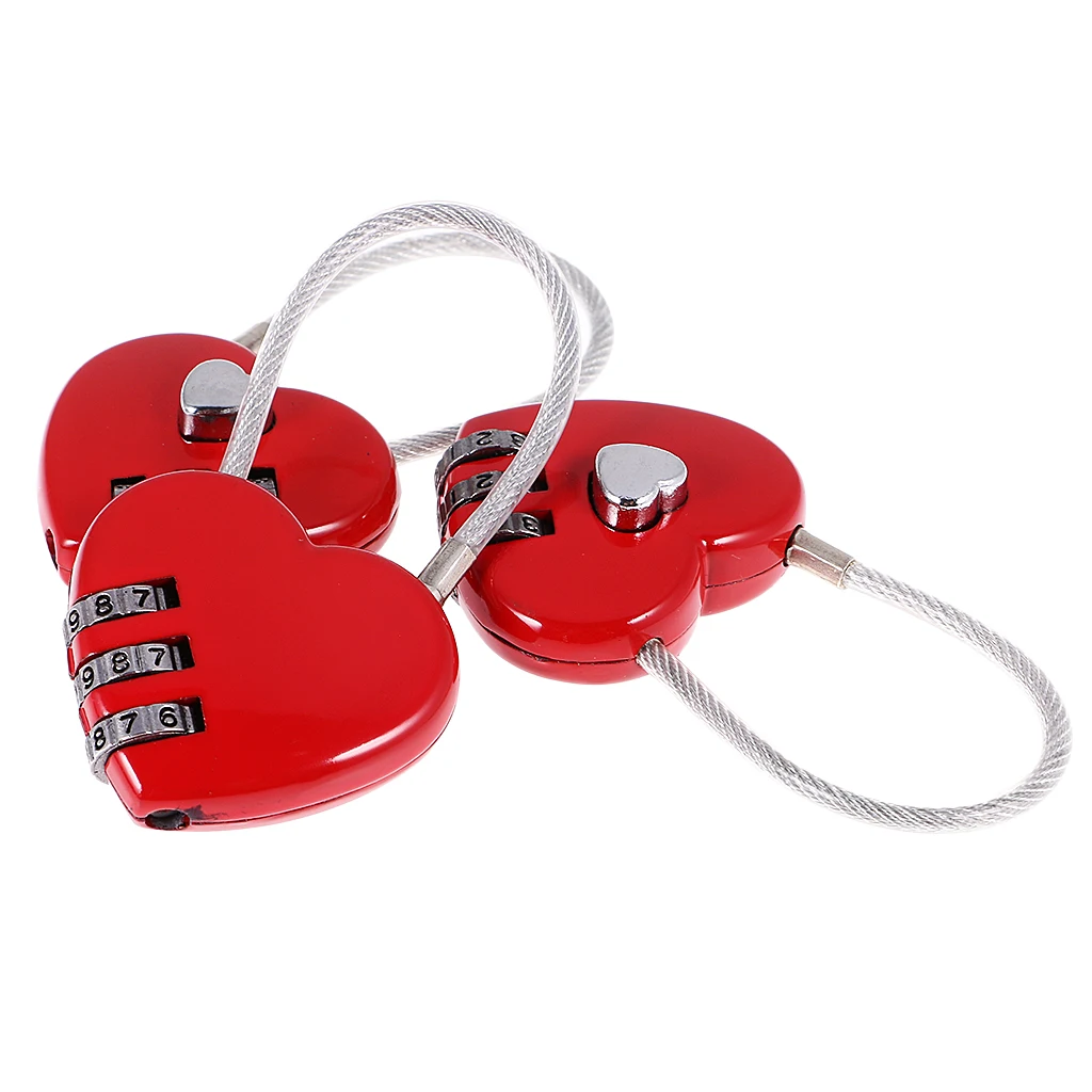 3Pcs Love Heart Wire Combination Padlock Diary Travel Locker Set Pendant Red
