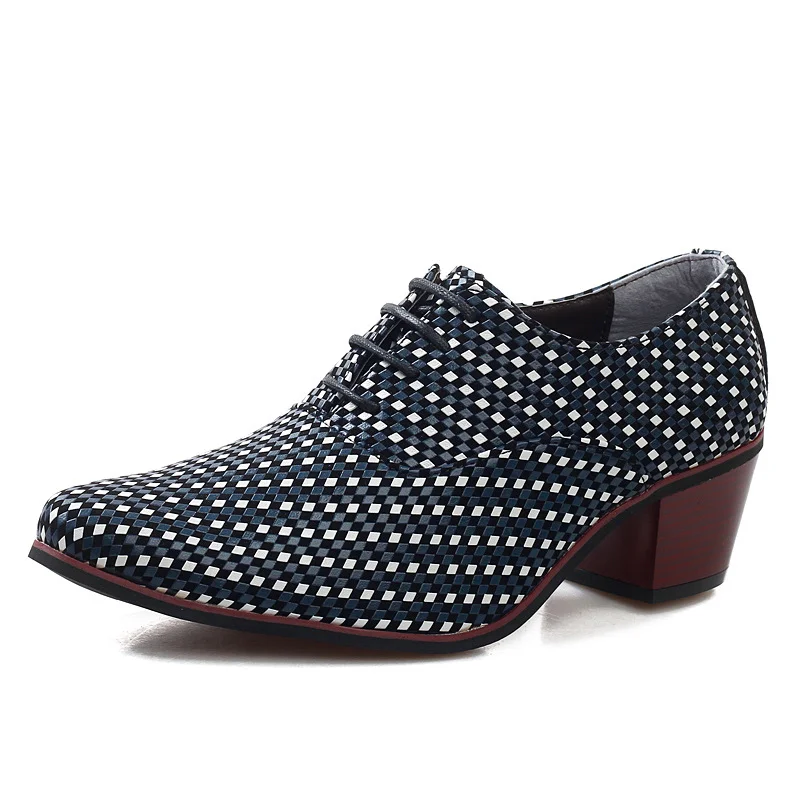 

Plaid Print PU Leather Shoes Height Increasing Men Dress Shoes New 2018 Fashion Derby Men's Flats Wedding Shoes Pointed Toe