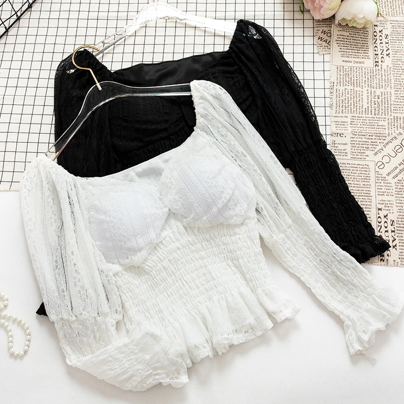 

Women Slash neck Puff Sleeve Hollow Out Lace Flower Shirt Vintage Elastic Slim High Waist Mesh Gauze Voile Ruffles Blouse Tops