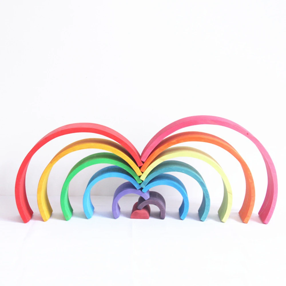 

12 Pcs/Lot Wooden Rainbow Blocks Wooden Children Rainbow Tunnel Stacker Nesting Creative Montessori Baby Puzzle Educational Toy