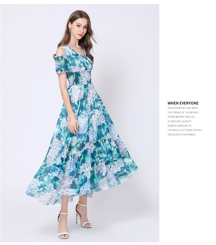 2019 новое летнее подиумное платье для женщин зеленые листья цветочный принт эластичный пояс богемное женское пляжное длинное платье без