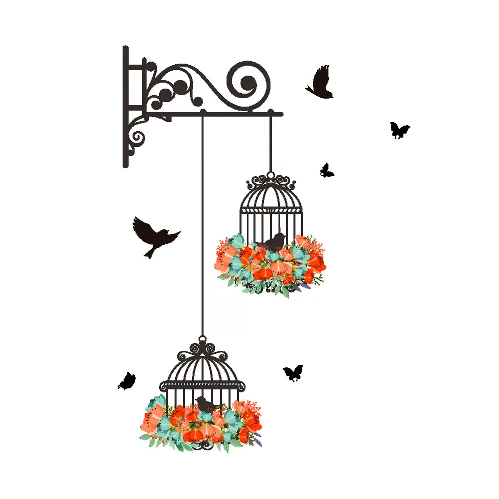 

Cute flower wreath bird cage home corridor wall decoration sticker for kid bedroom PVC wall sticker