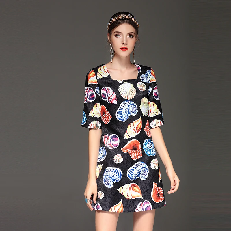 

2022 Summer New Arrival Europe Fashion Casual A-Line Square Collar Half Sleeve Shell Print Elegant Above Knee Dress Women