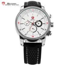 Акула бренда спортивные часы для мужчин дата день календарь шести стрелки нержавеющей стали чехол кожаный ремешок белого кварца военные часы / SH093