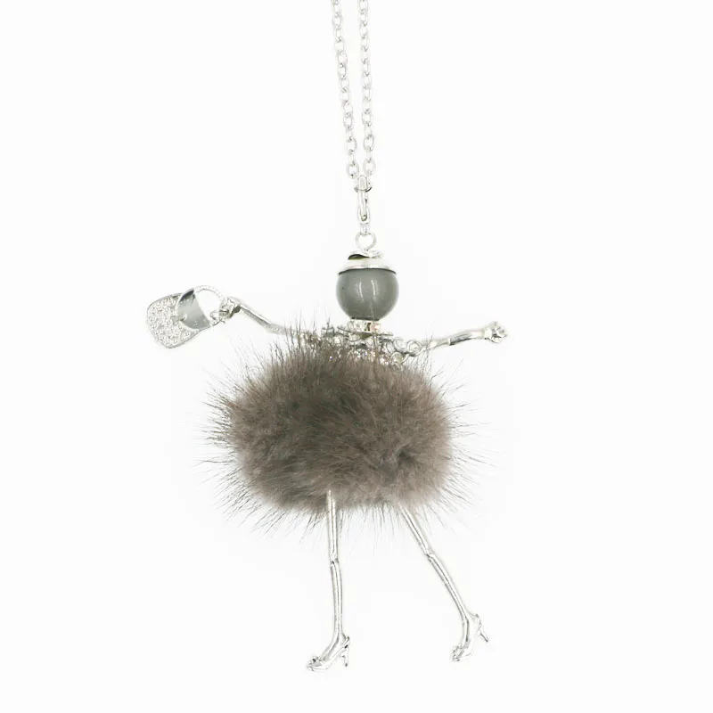 Fashion Lovely Paris Doll Pendant Necklace For Girls Children's Long Necklace Modern Lady's Imitation Rabbit Hair 5 Colors Gift8 grey