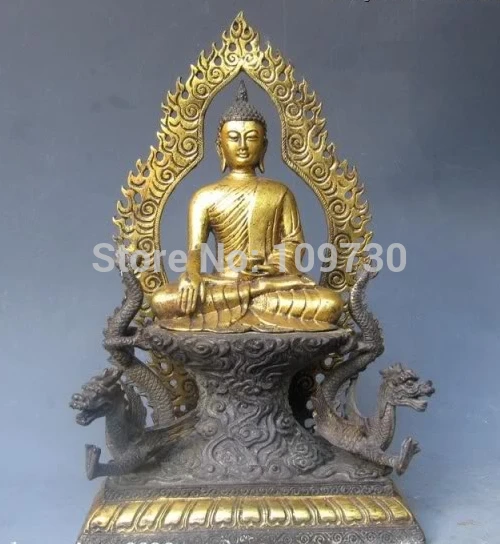 

003137 13"Tibet Buddhism Temple Bronze Gild Two Dragon Thailand Sakyamuni Buddha Statue