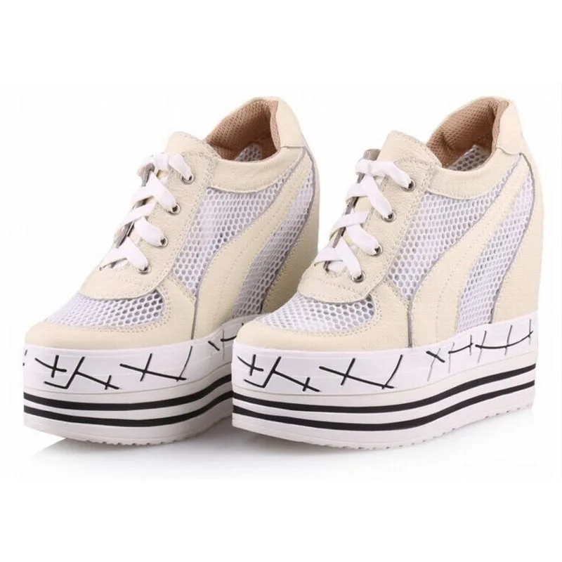 hot sale fashion women breathable casual shoes mesh lace-up patchwork thick bottom summer platform travel height increasing shoe