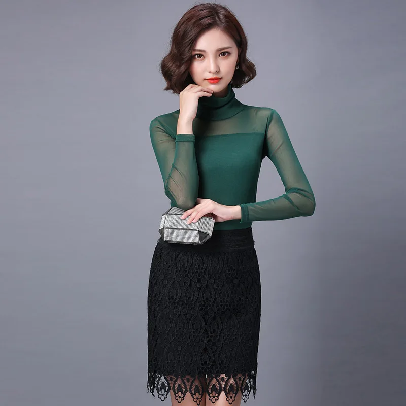 

New Arrival Spring Autumn Women Long Sleeve High Neck See Through Sheer Mesh Shirts Night Club Sexy Tops