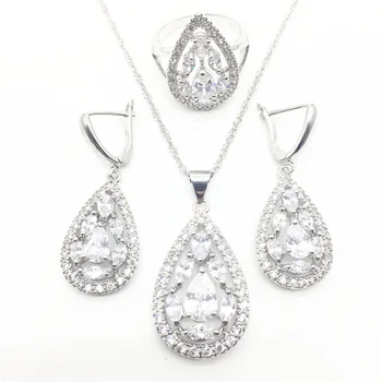 

Silver Color Jewelry Sets For Women Clear Stones White CZ Earrings Necklace Pendant Rings Christmas Gift