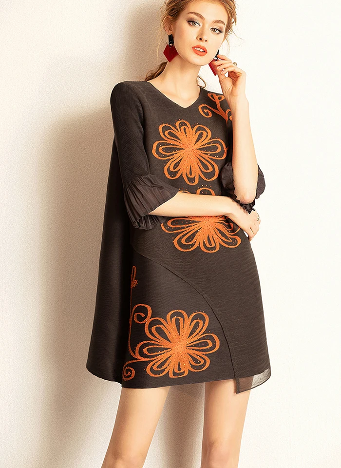 Manches Tenue Q848 Vintage Mini Robe Moitié Color Printemps Fête Picture De Broderie Color Une Perlé Taille cou Ample picture 2019 Fleurs Droite O FSCqUOY