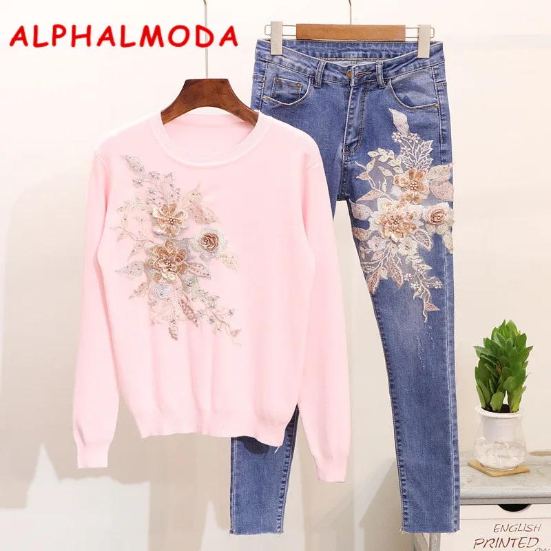 Koop ALPHALMODA Mooie Bloem Vrouwen Trui + Potlood Denim Broek Vrouwen Zoete Kralen Bloemen Kleding Sets S XL