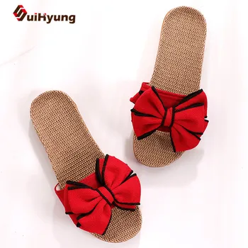 

2019 Summer Women's Slippers Stylish Bow Linen Slippers Soft Bottom Non-slip Home Indoor Shoes Comfortable Beach Slippers