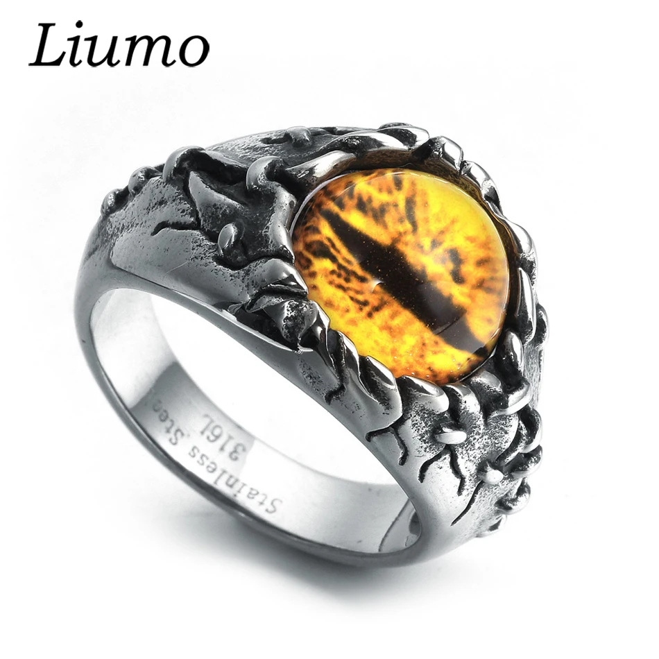 Liumo Fashion Punk Style Tiger Devil Eye Stone Dragon Pattern Skull 316L Stainless Steel Men Biker Ring Lr555
