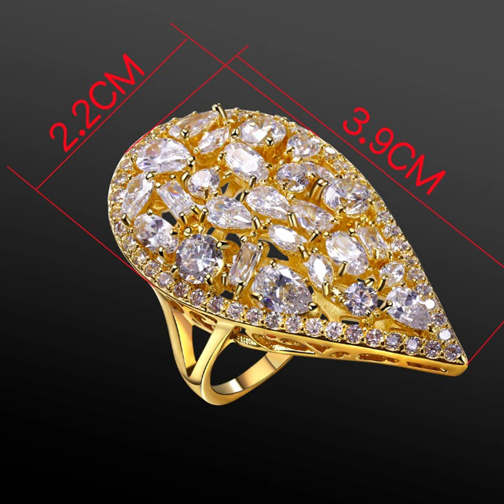 High quality long water drop shape ring Gold color jewelry chinese market online with zirconia crystal joias women big rings