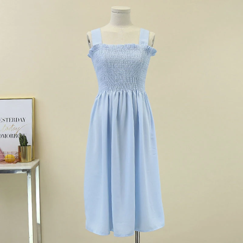 

Blue Dresses Summer Vintage Korean Sleeveless Slim Fold Square Neck Spaghetti Strap Midi Long Party Tube Dress Elegant Women
