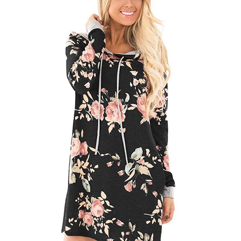 Womens Floral Hooded T-shirt Dress Ladies Long Sleeve Casual Holiday Short Dress