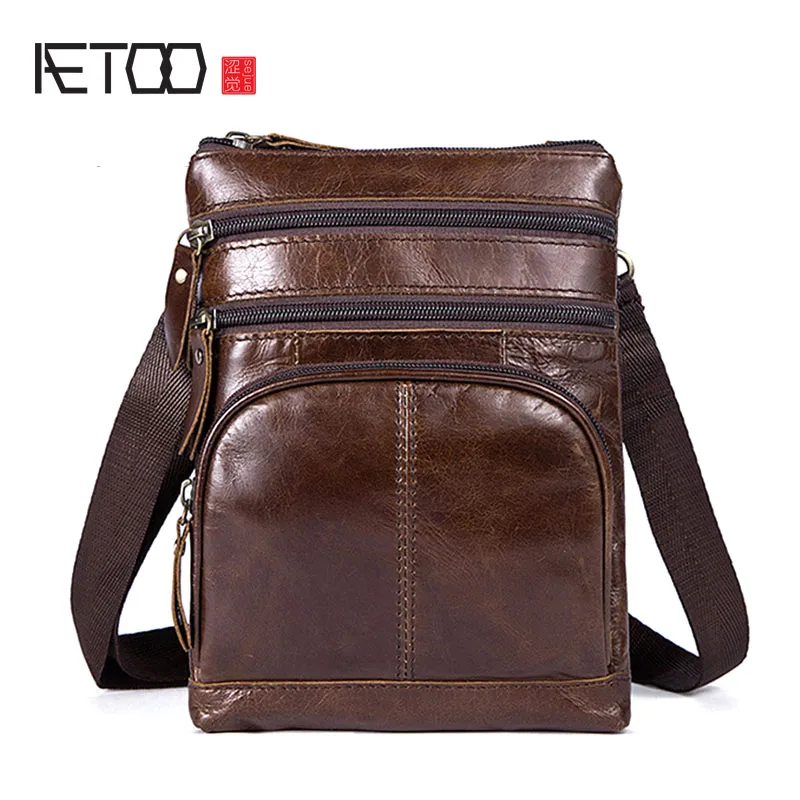

AETOO Leather men bag vertical section of the first layer of leather shoulder zipper bag men's Messenger bag