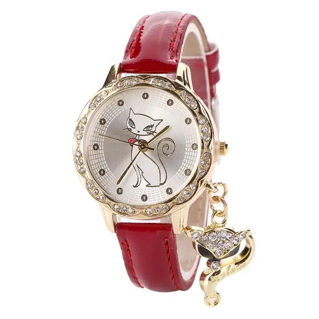Женские модные часы с рисунком кота для женщин и девушек, аналоговые часы с бриллиантами, круглые стеклянные кожаные роскошные кварцевые наручные часы zegarek damski - Цвет: Red