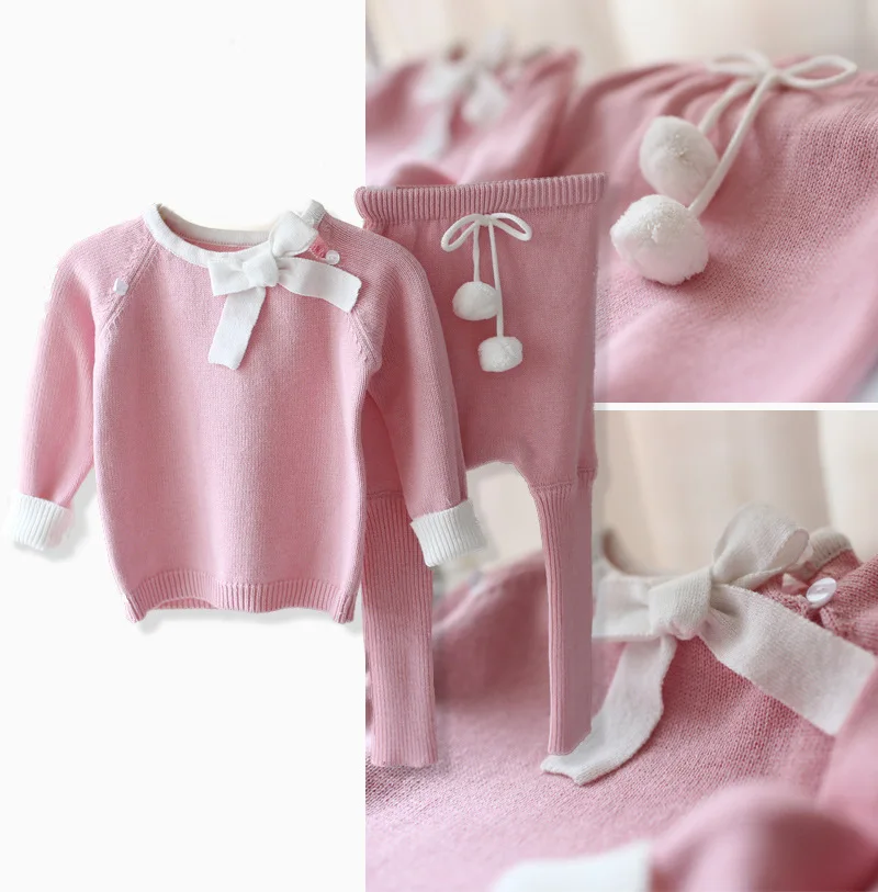 

New 2016 spring autumn children clothing sets baby girls cute bow Sweaters pullover + infant pants 2pcs sets kids clothes