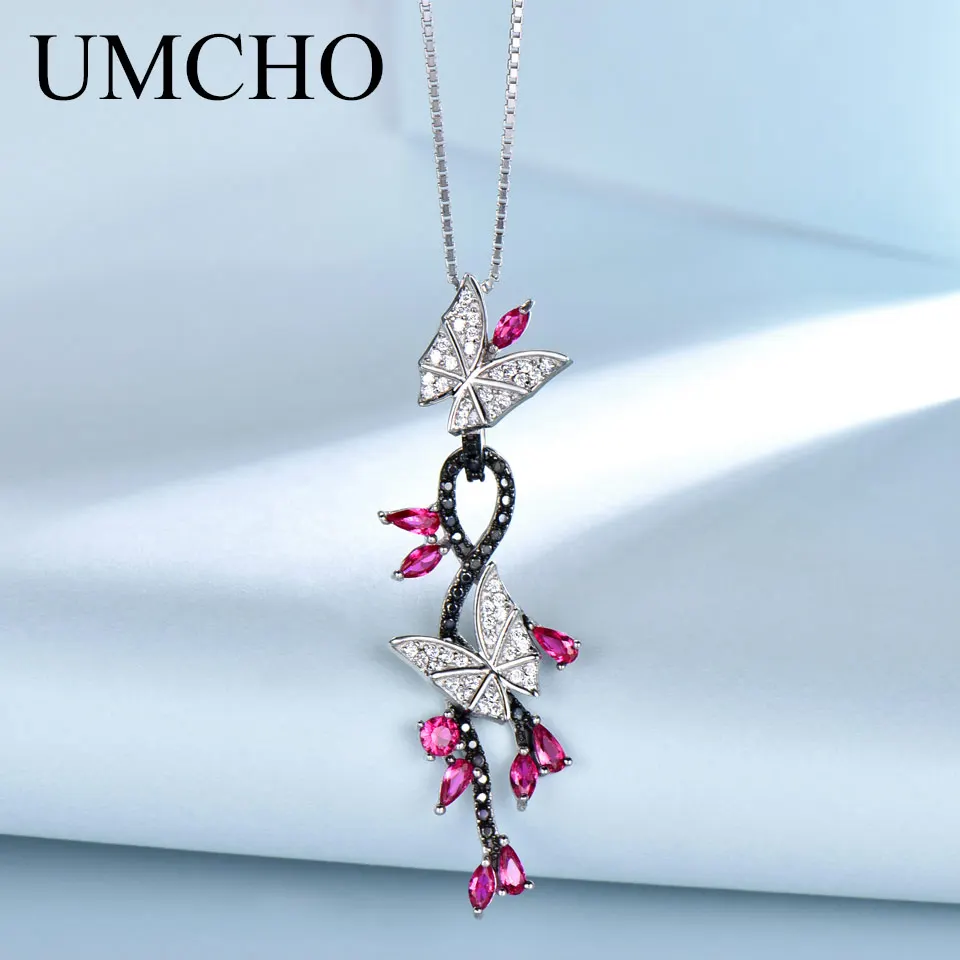 UMCHO Твердые 925 пробы серебряные подвески Цепочки И Ожерелья бабочка создан Рубин драгоценный камень черный Шпинель с цепочкой для женщи