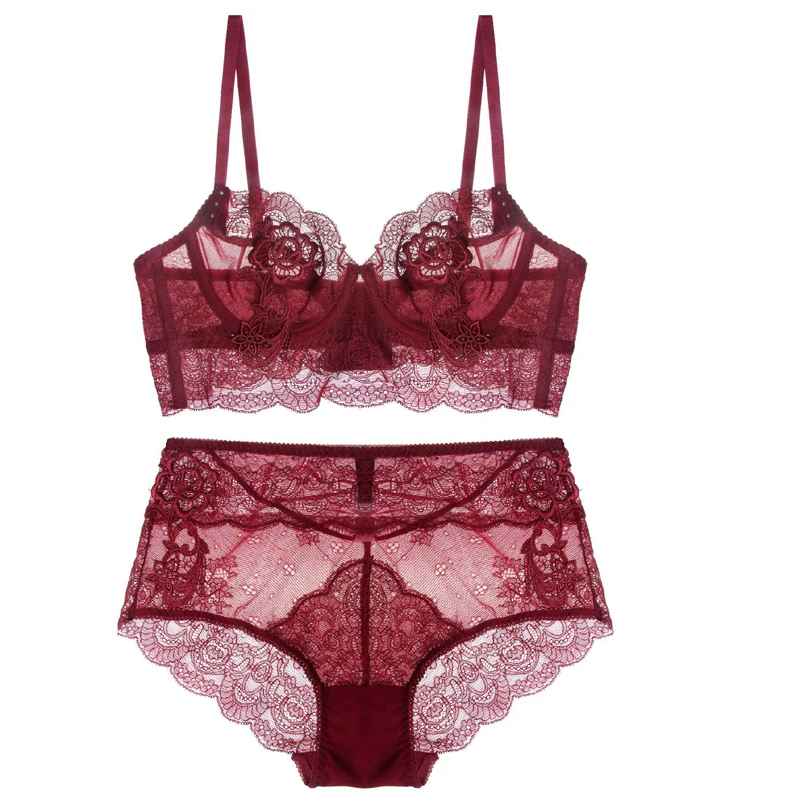 

Women Underwer Lingerie Set Sexy Bra Brief Sets Push up Transparent Lace Embroidery Unlined Thin Black Bra Panties Red Pink Bra