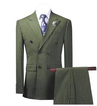 Cena 2 Szt. Męskie Garnitury W Paski Slim Fit Biznesowe Szare Zielone Garnitury Groom Tweed Wełniane Brązowe Smokingi Na Wieczorne Wesele (marynarka + Spodnie)
