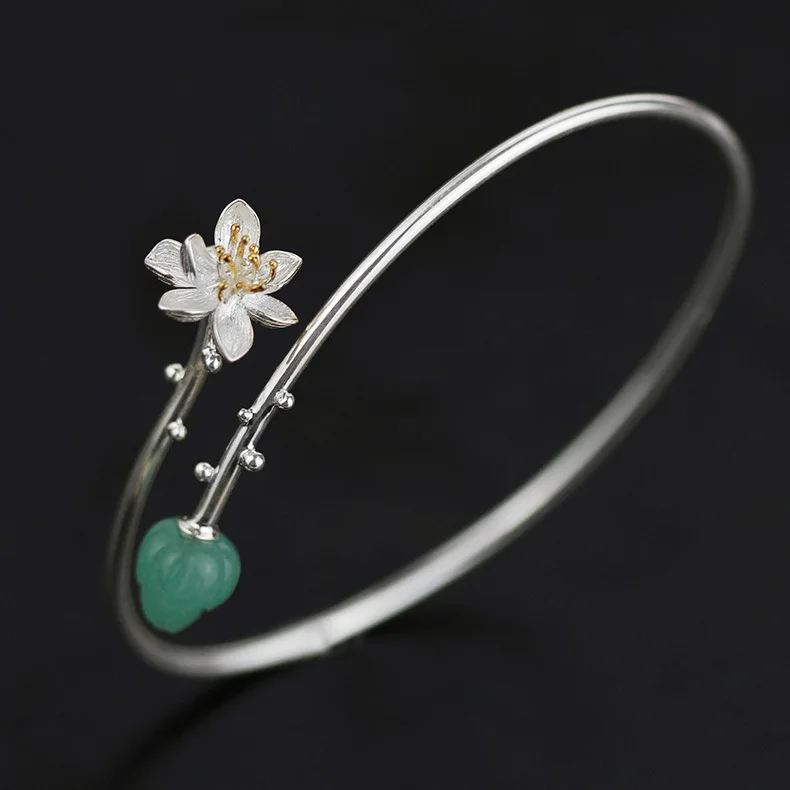 

INATURE 925 Sterling Silver Green Aventurine Flower Open Bracelet Bangle For Women Jewelry