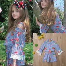 Дети детское платье с бантом с цветочным узором и длинными рукавами полосатые кружевные комбинезон сладкий вечерние комбинезоны из хлопка детская одежда для девочек От 2 до 6 лет