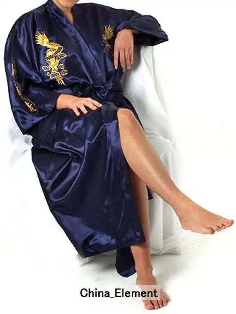 Темно-синие китайский Для женщин шелковый атлас одеяние Вышивка кимоно весна Ванна платье Mujeres Pijama Дракон Размеры размеры s m l xl XXL, XXXL S0008