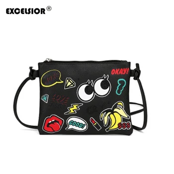 

EXCELSIOR Casual Mini Women's Bags Hot Cartoon Graffiti Printed Women's Handbag Mini Crossbody Shoulder Bag Black PU Leather Bag