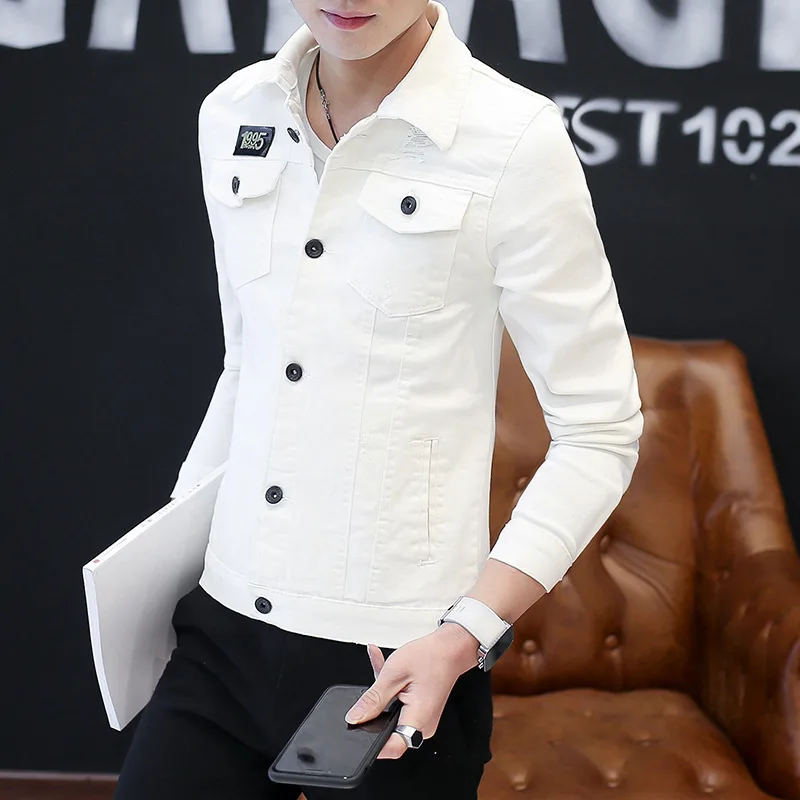 2019 Autumn Solid Jacket Men Denim Regular Cotton Casual Patchwork Pockets White Green Streetwear Jackets Coats