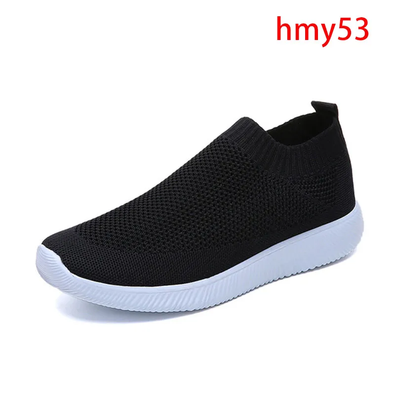 hmy53-black Модные кроссовки для женщин; трикотажные вулканизированные туфли на плоской подошве; обувь без застежки; женская обувь; zapatos mujer - Цвет: hmy53-black